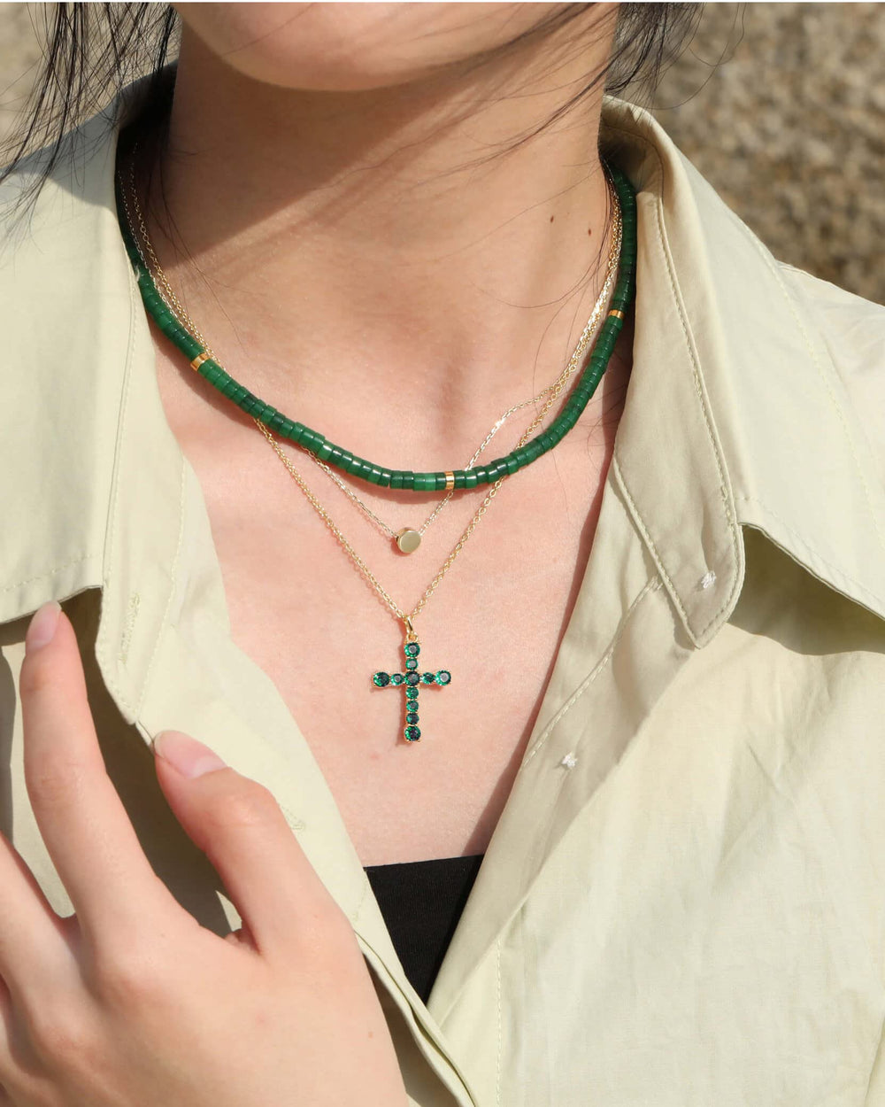 S.Leaf Sterling Silver 14K Gold Plated Cubic Zirconia Cross Necklace