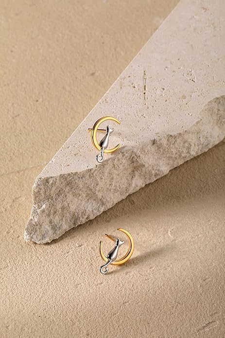 Cat Moon Stud Earrings Sterling Silver